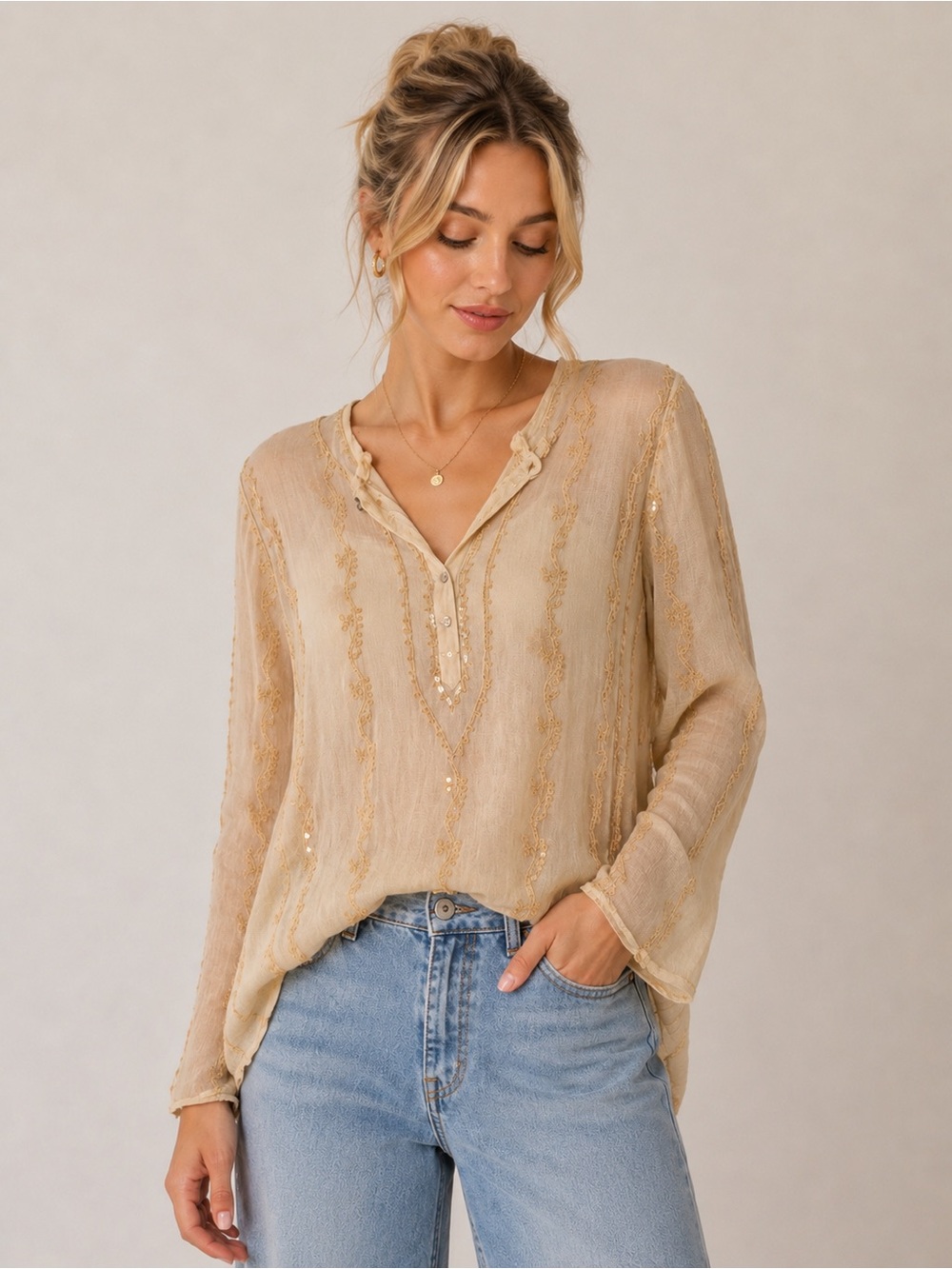 Glam Souls Vintage 100% Silk Cream Relaxed Embellished Tunic